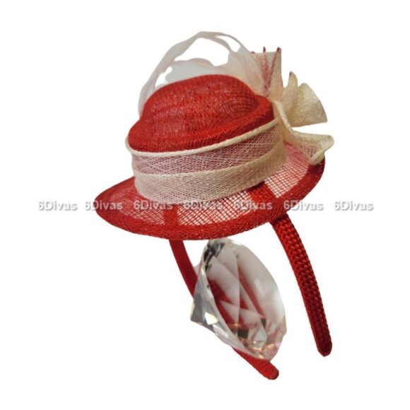 Red Top Hat Fascinator with Cream colored Feathers and Rosettes on Headband - Picture 7 of 14
